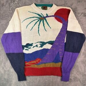 Vintage 90s Boston Traders Sweater Men's L Knit Colorblock Retro Palm Tree Beach